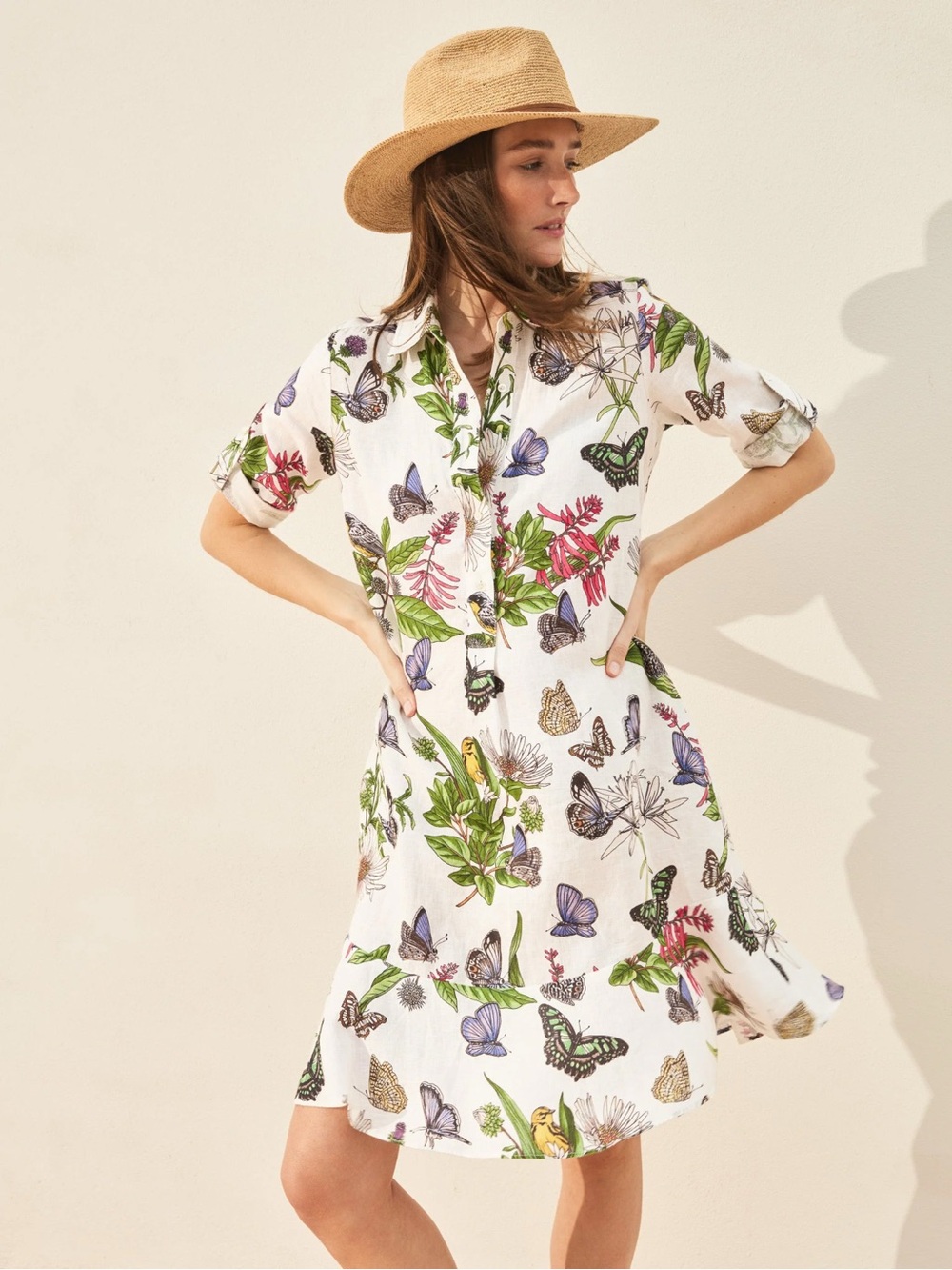 J. McLaughlin Catalyst Linen Butterfly MIDI Dress White Multi